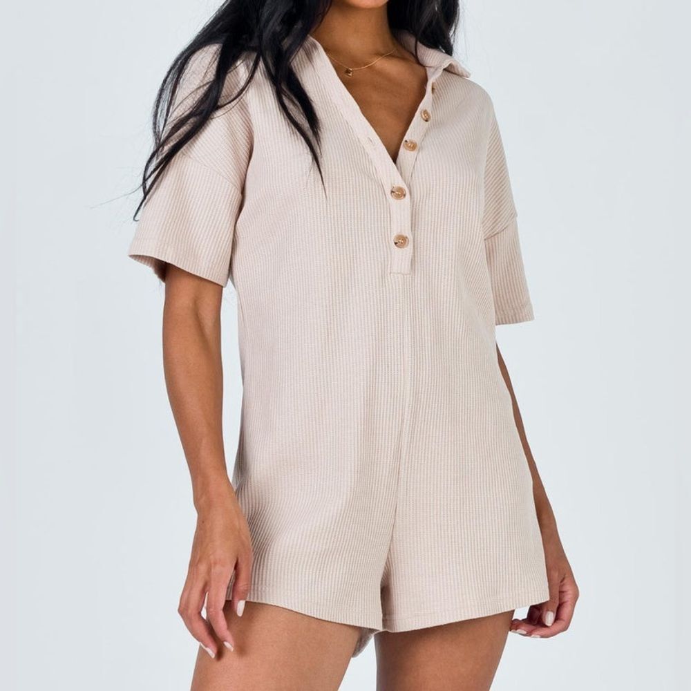 Princess Polly Kegan Romper in Beige Size 4 Knit Shorts One Piece Lounge Comfy